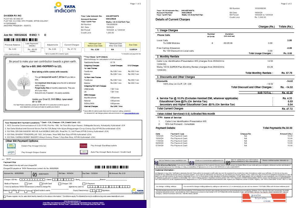 India Tata Indicom mobile business utility bill template in Word and PDF format, 2 pages